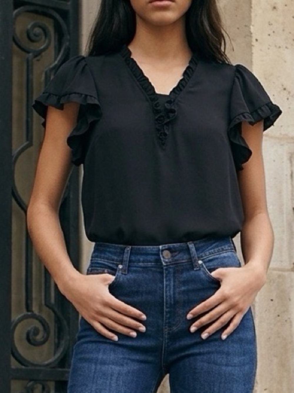 CeCe Black Ruffle V-Neck Blouse  Size M